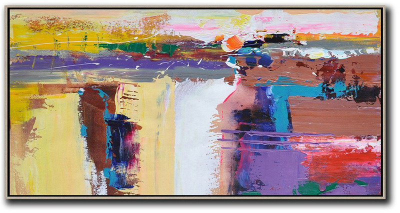 Extra Large Acrylic Painting On Canvas,Horizontal Palette Knife Contemporary Art Panoramic Canvas Painting,Extra Large Canvas Painting Yellow,White,Brown,Purple